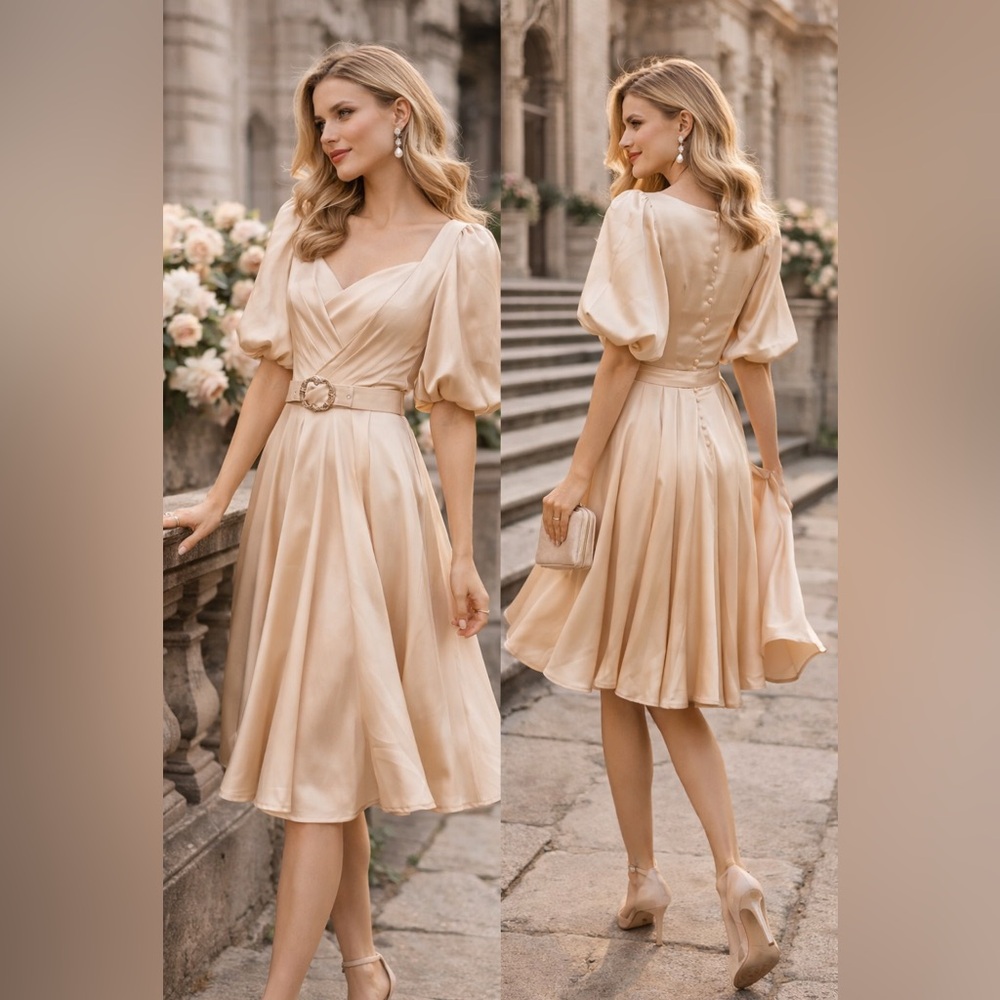 Apeach Champagne Satin Puff Sleeve Dress Belted L